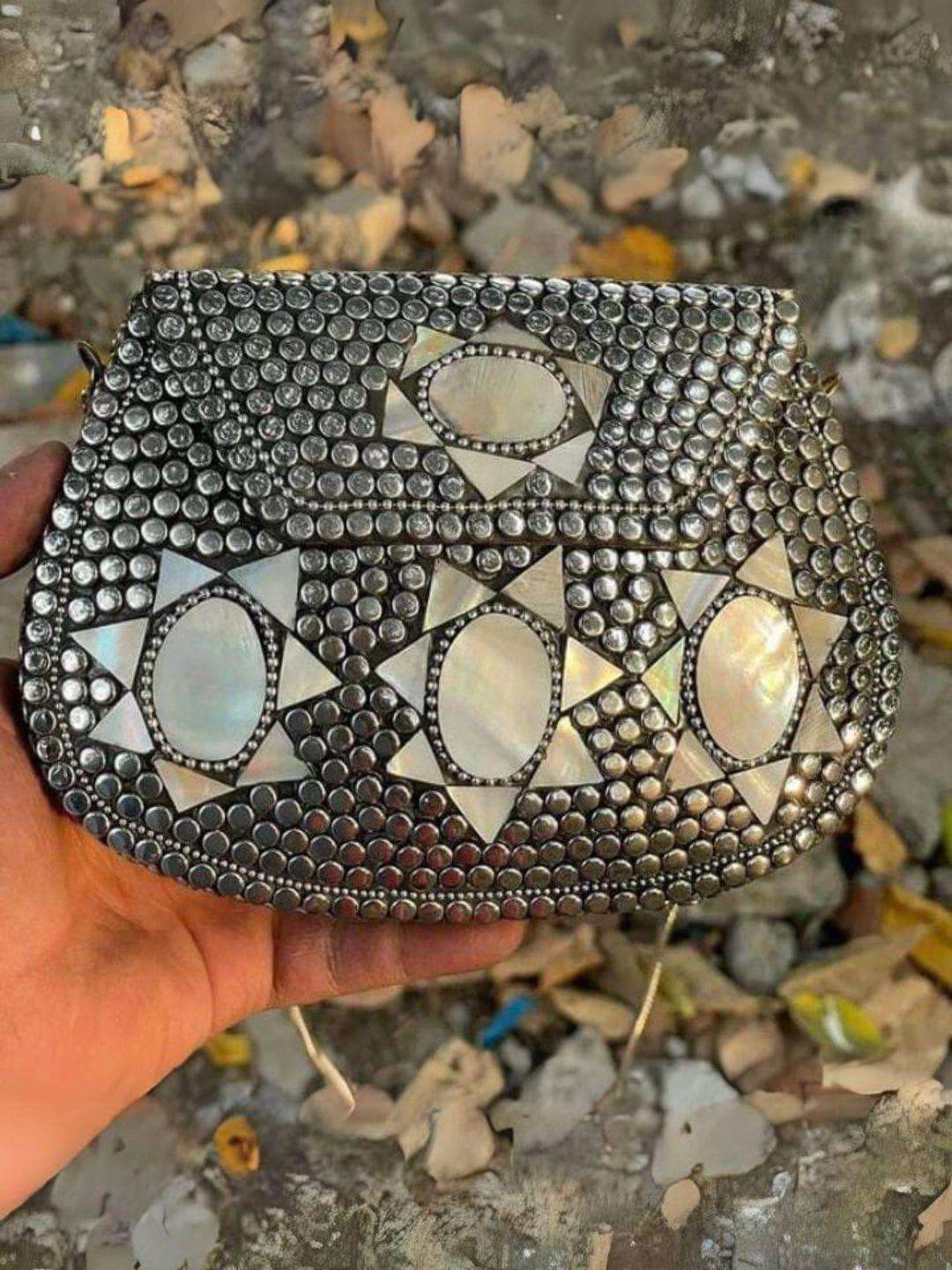 Ishhaara Silver And White Mosaic Embellished Metal Clutch