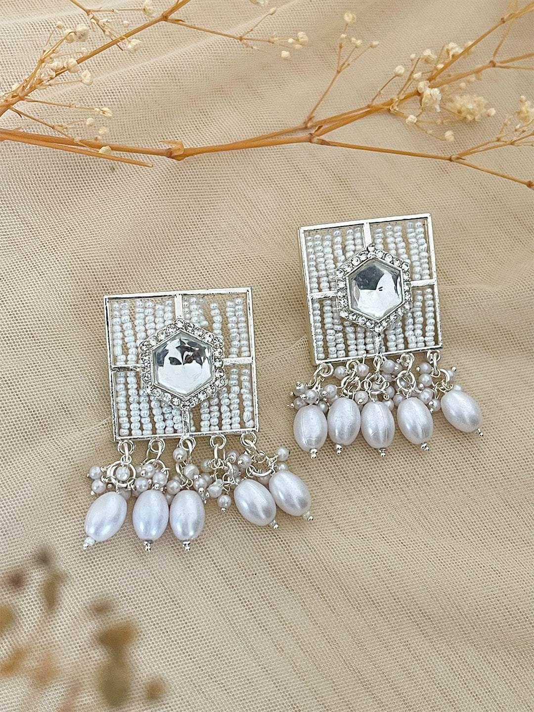 Ishhaara Square Crystal Work With Moti Design Earring