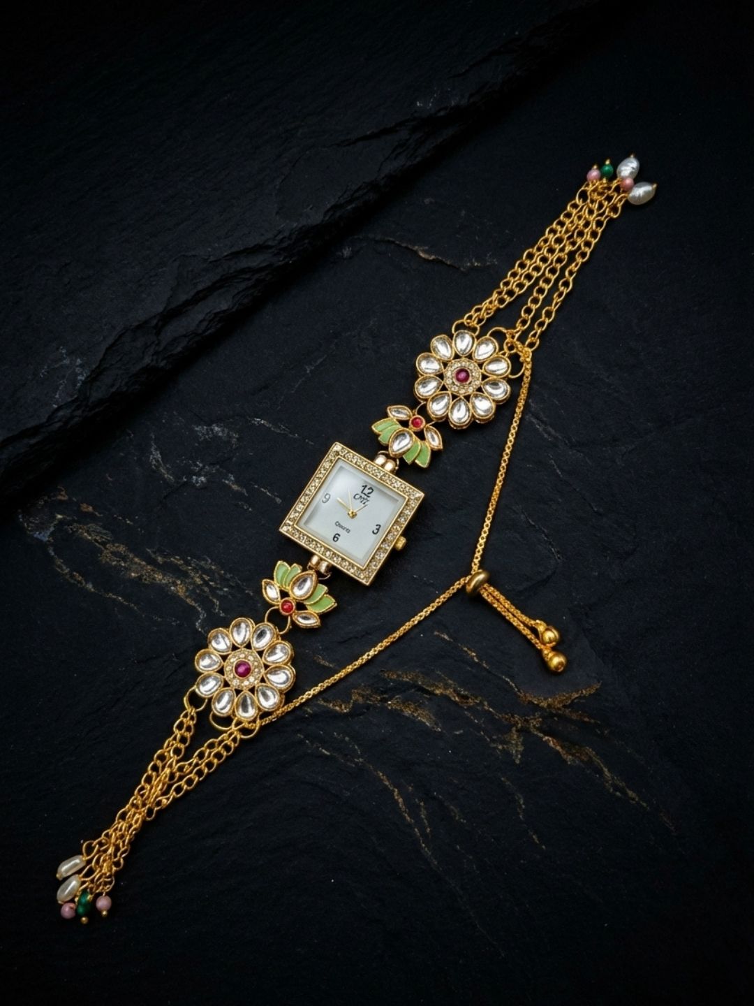 Ishhaara Square Dial Studded Kundan Bracelet Watch