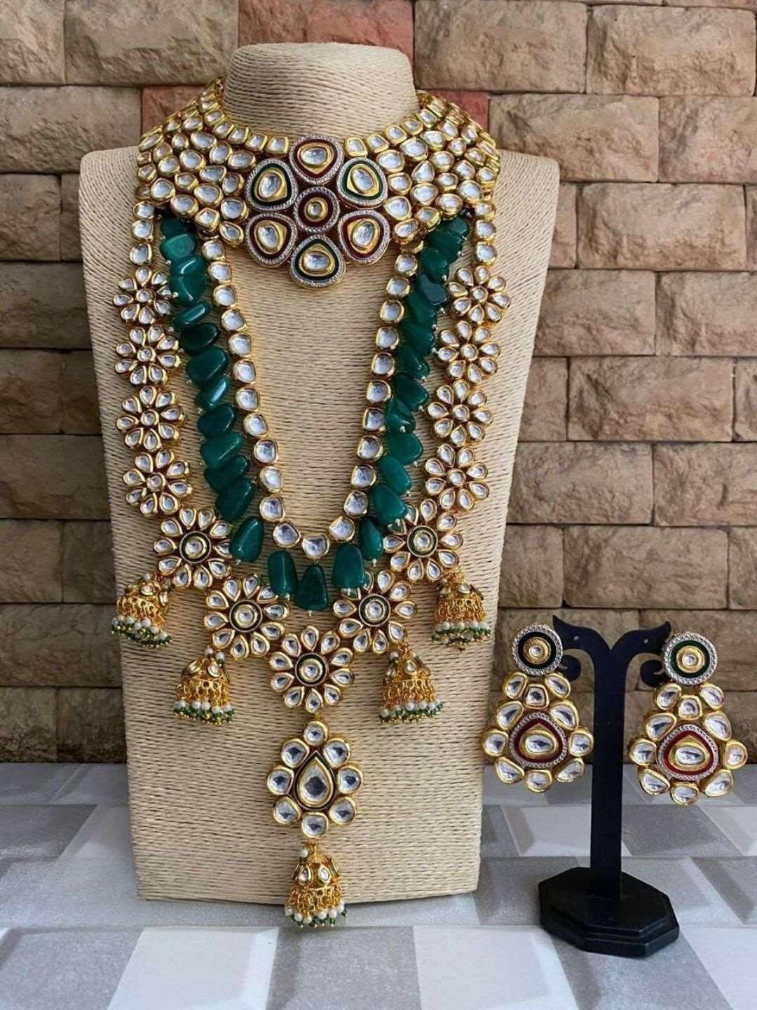 Ishhaara Statement Green Beads Long Kundan Neckalce With Choker
