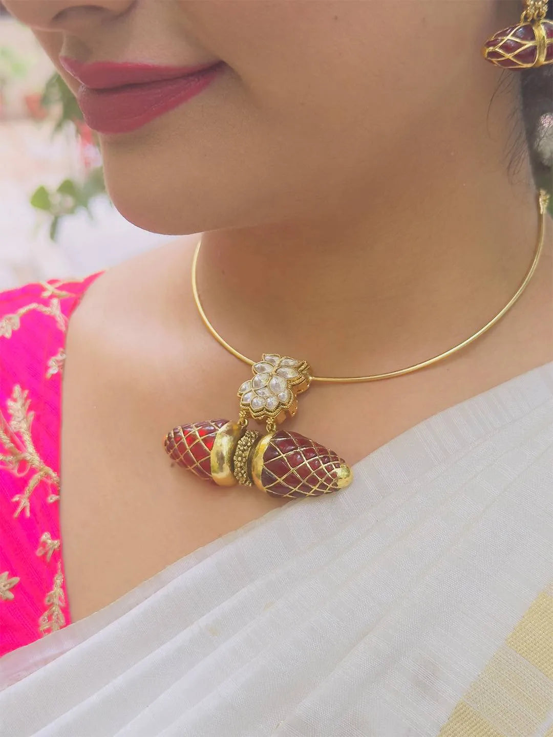 Ishhaara Stone Studded Ethnic Fusion Sabyasachi Inspired Duck Motif Lotus Hasli Necklace