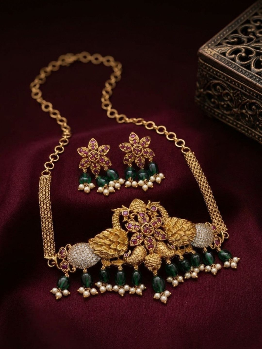 Ishhaara Stone Studded Peacock Attigai Necklace