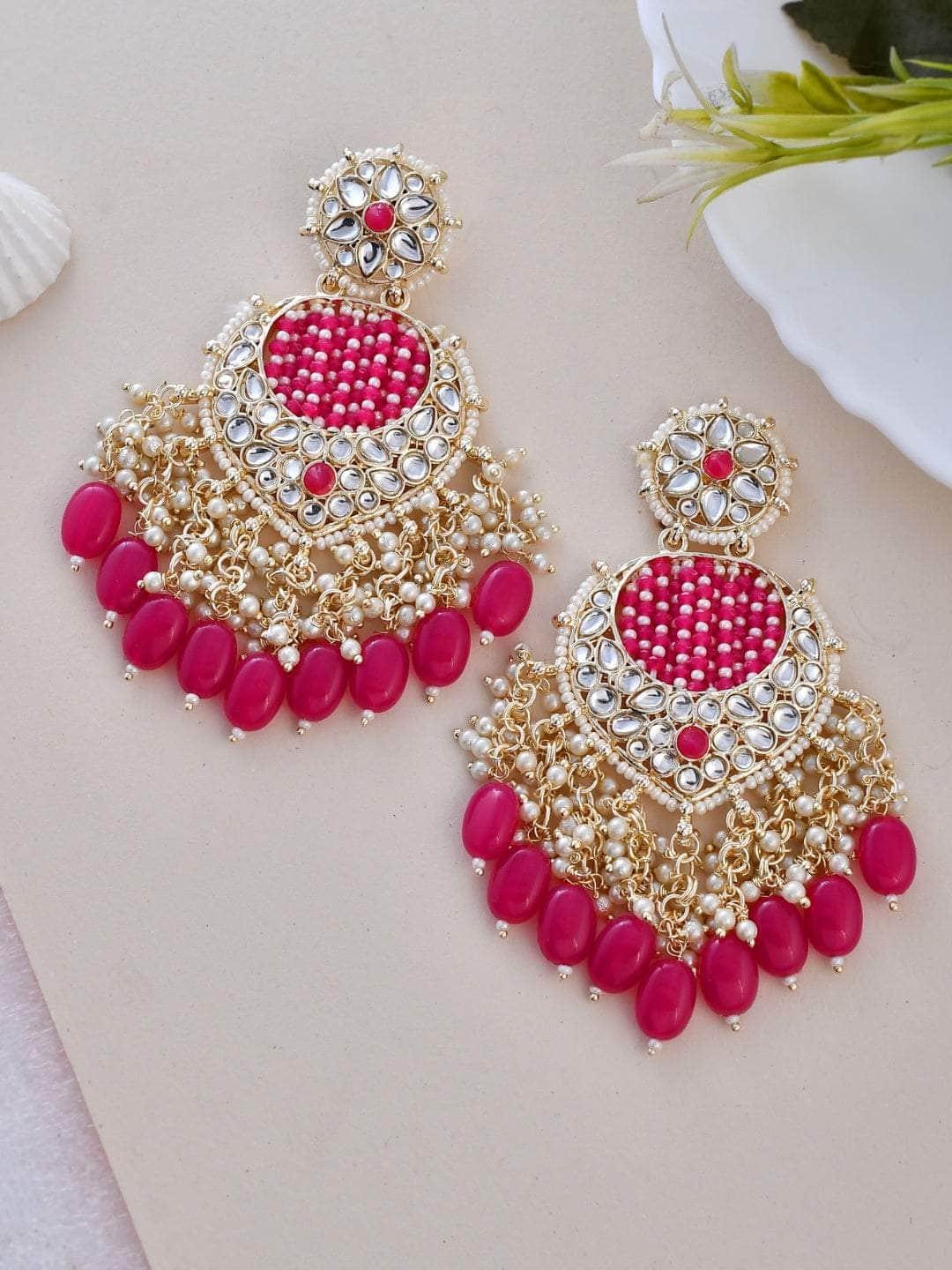 Ishhaara Striking Pink Chandbali Kundan Pearl Earrings
