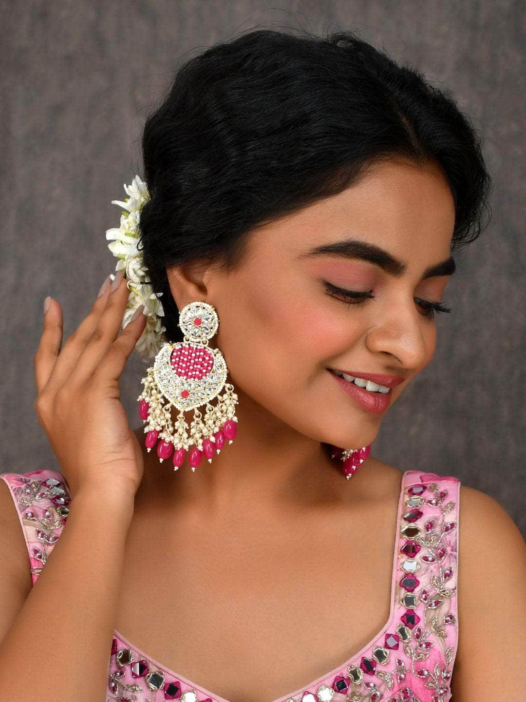 Ishhaara Striking Pink Chandbali Kundan Pearl Earrings