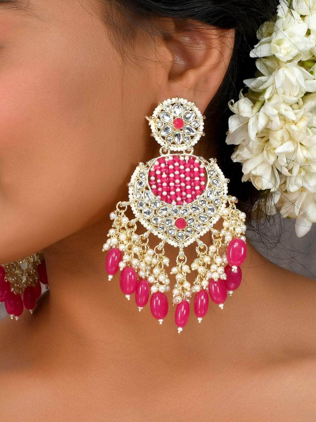 Ishhaara Striking pink chandbali kundan pearl earrings