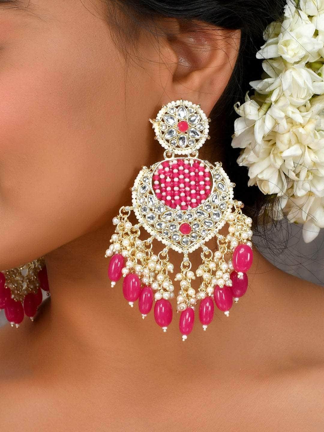 Ishhaara Striking Pink Chandbali Kundan Pearl Earrings