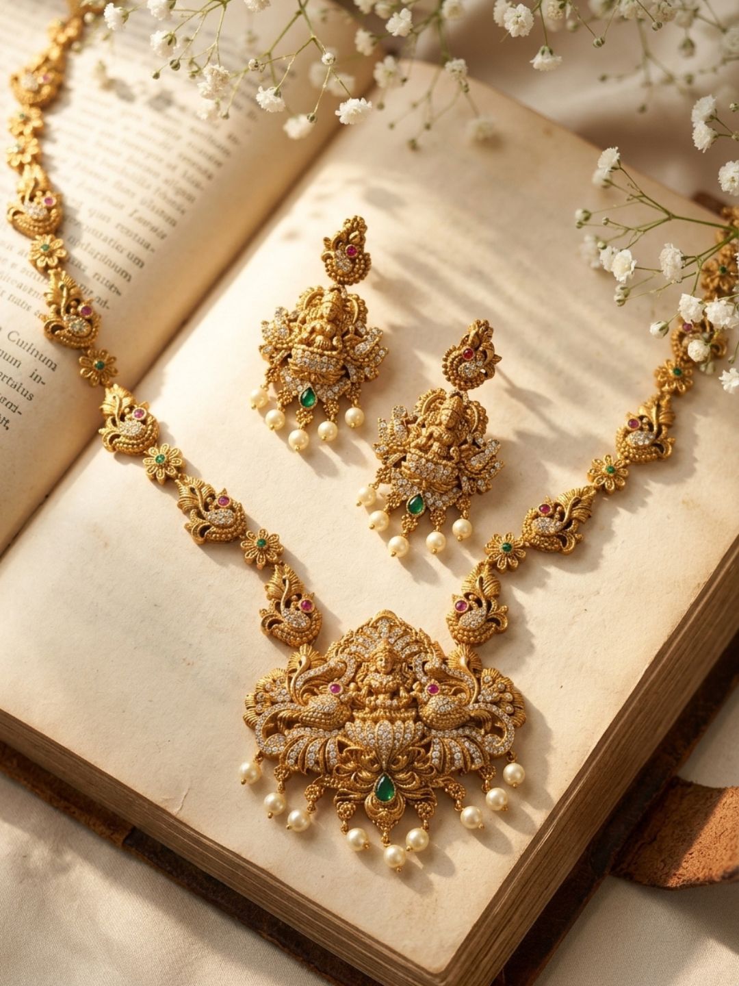 Ishhaara Stunning Antique Gold Finish Temple Necklace Set