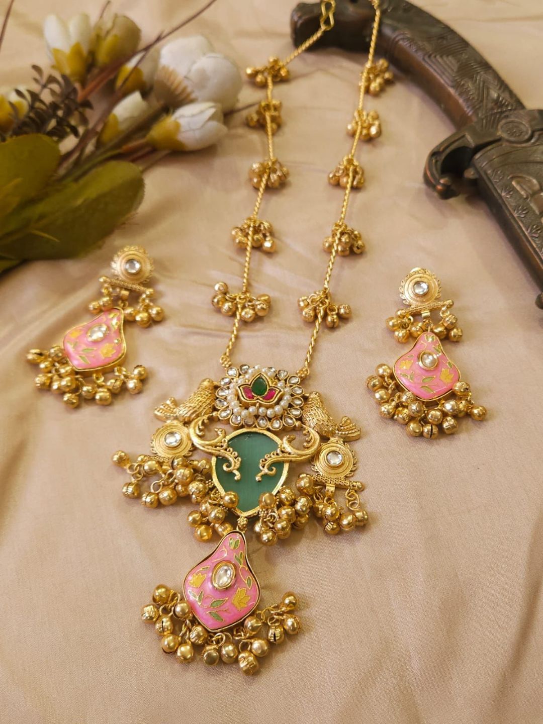 Ishhaara Tanjore Long Fusion Kashmiri Necklace Set