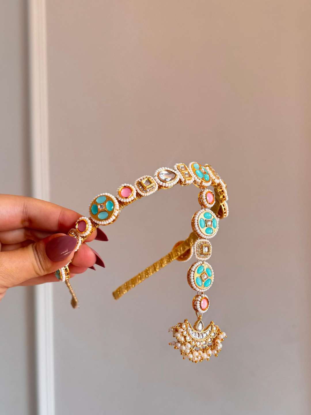 Ishhaara Teal Colored Kundan Hairband With Attached Mang Tikka