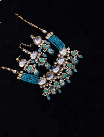Ishhaara Teal Triangular Kundan Onex Necklace And Earring Set