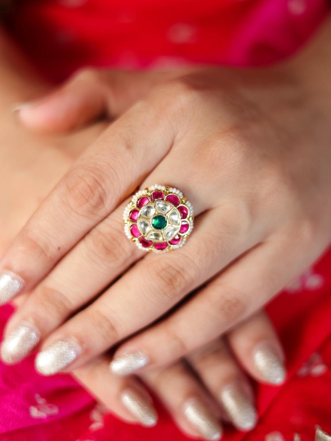 Ishhaara Tiny Patchi Kundan Ruby Emerald Ring