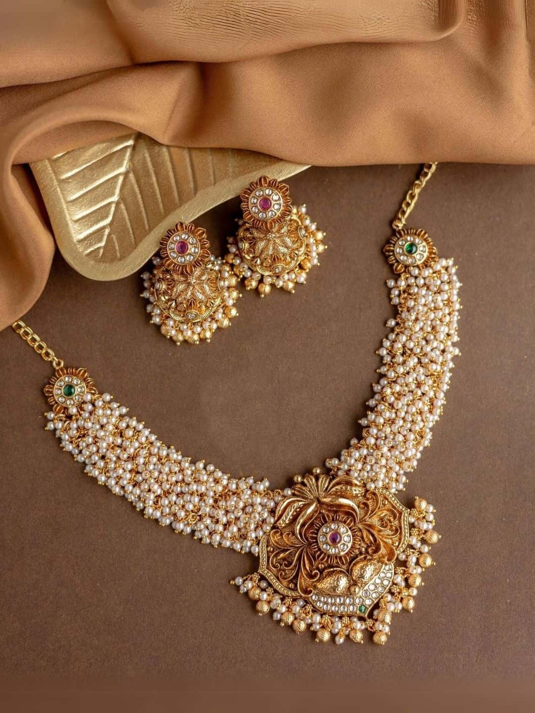 Ishhaara Traditional Cluster Pearl Temple Necklace Set