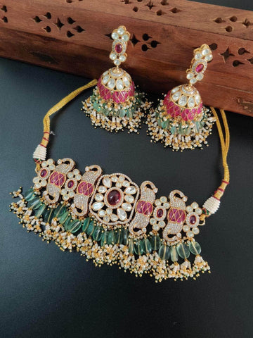 Ishhaara Traditional Crystal Pearl Choker Set With Earring