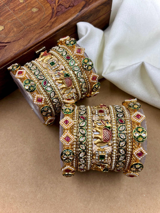 Ishhaara Traditional Gold Kundan Bangle Set - a pair of intricately designed gold bangles with kundan and meenakari work