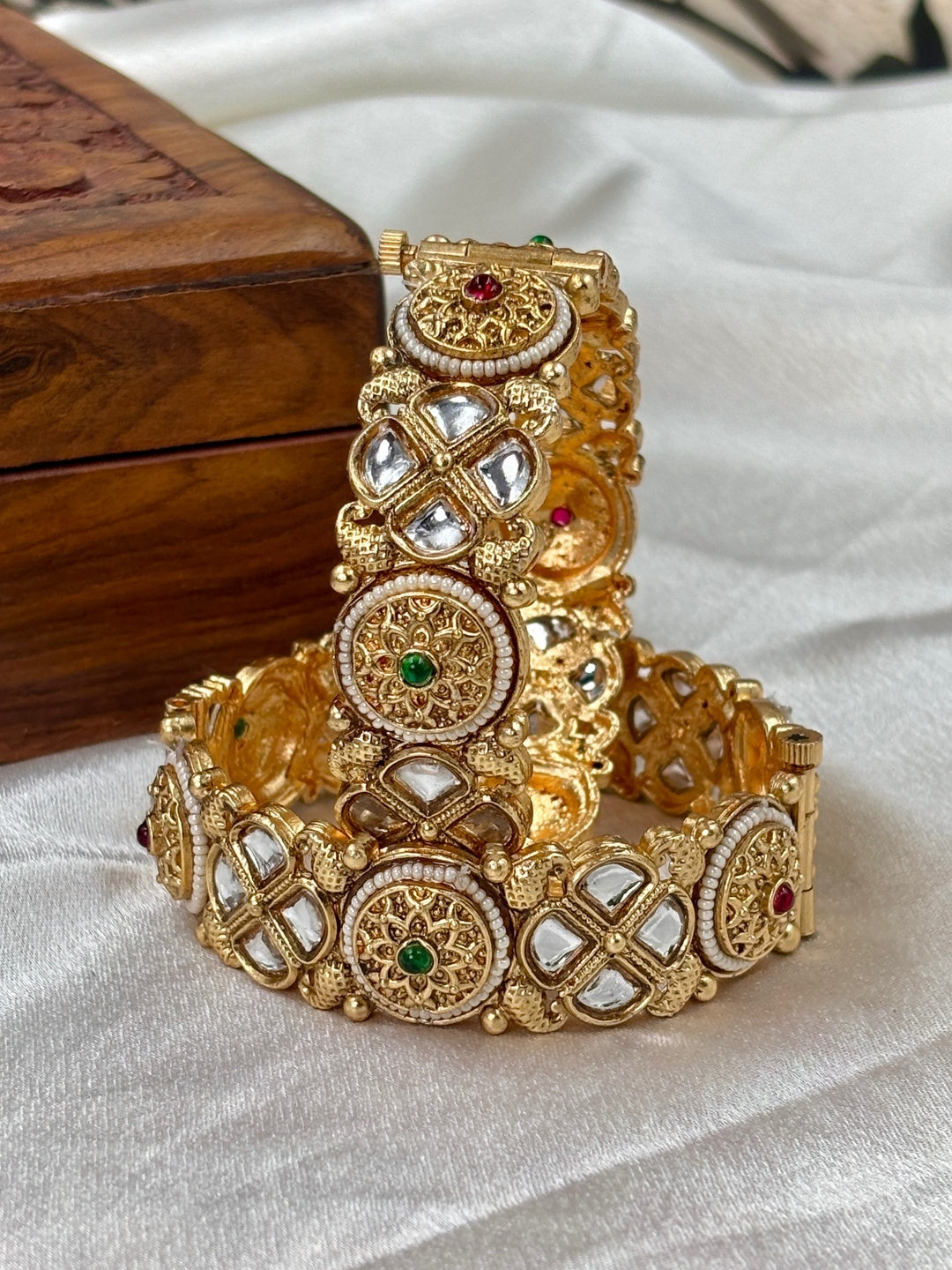 Ishhaara Traditional Gold Kundan Bangles Pair - ornate gold bangles with kundan work and precious stones