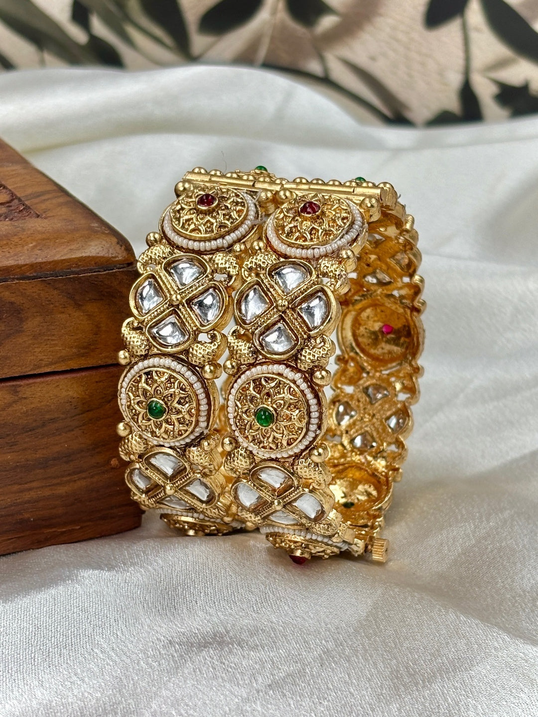 Ishhaara Traditional Gold Kundan Bangles Pair - ornate gold bangles with kundan work and precious stones - view 2