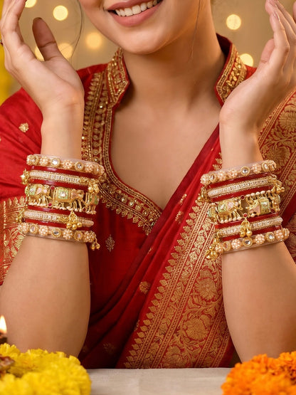 Ishhaara Traditional Gold Kundan Bangles Set - a stack of intricately designed red and gold bangles with elephant motifs - view 8