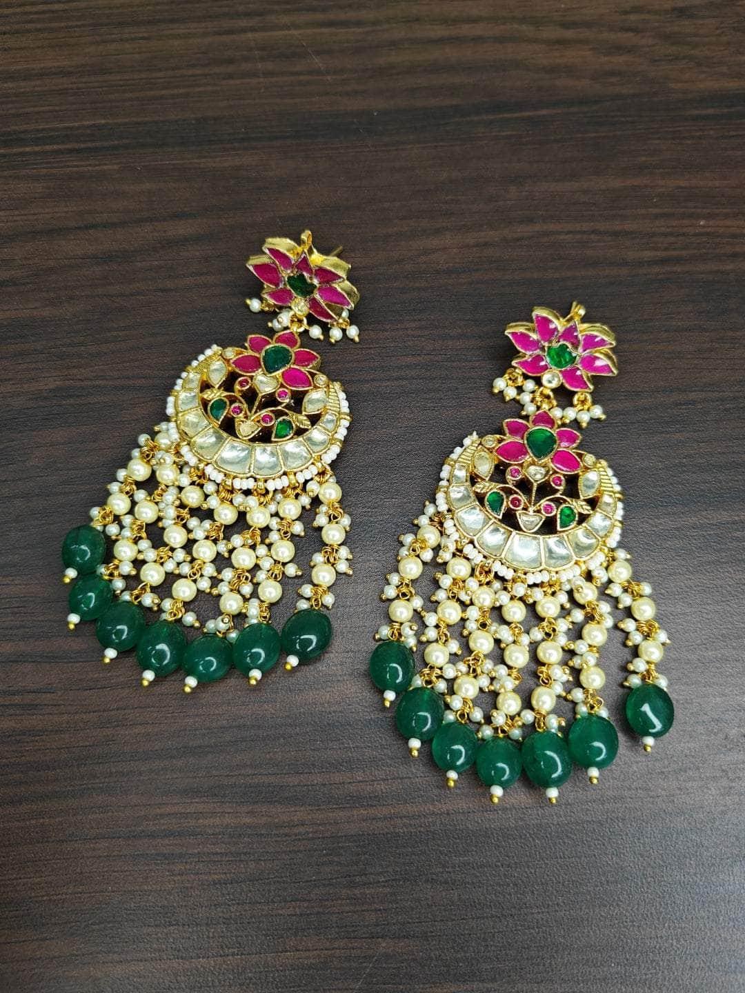 Ishhaara Traditional Green And Red Kundan Earrings Set