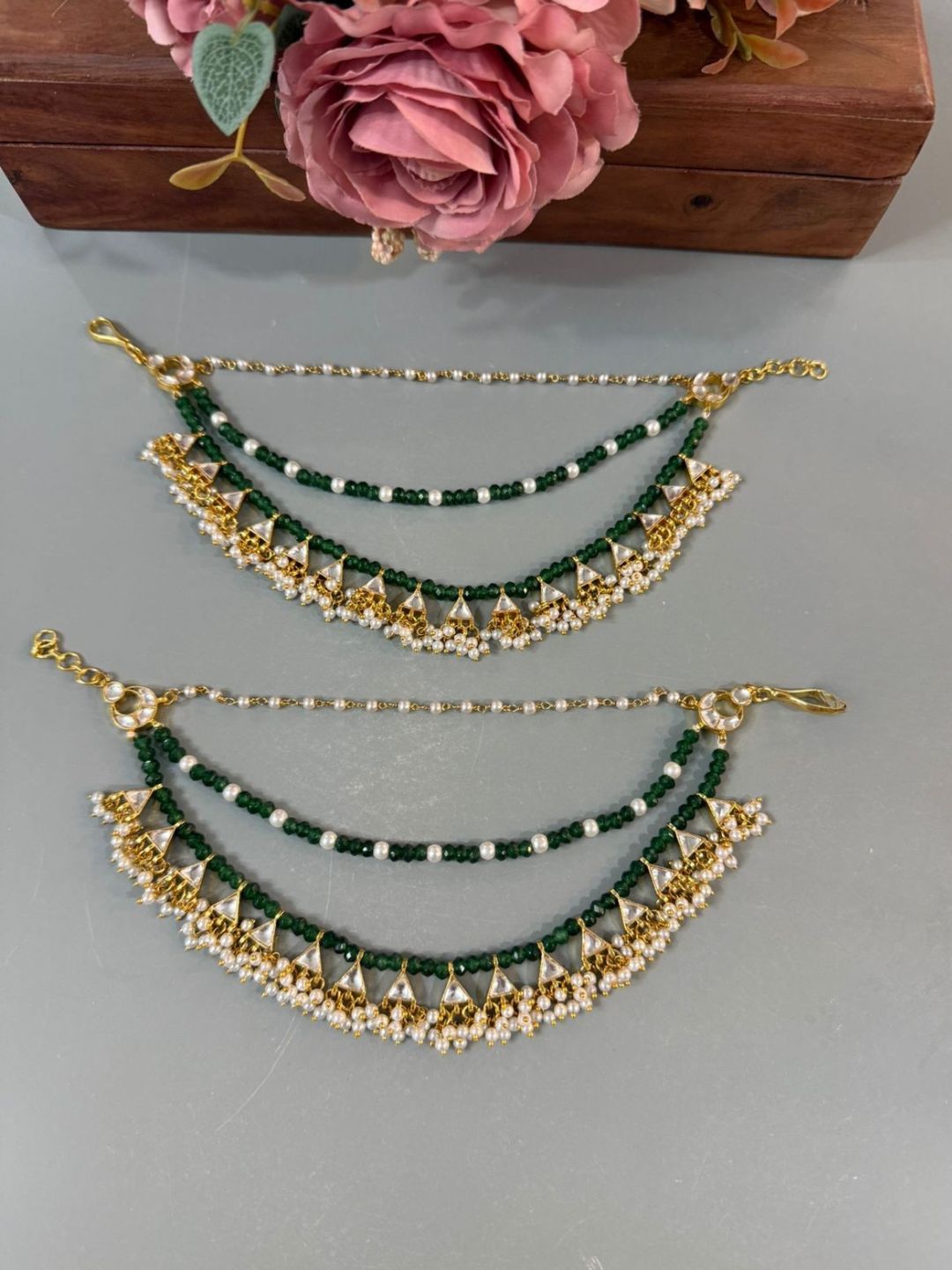 Ishhaara Traditional Green Beads And Pearls Ear Chain