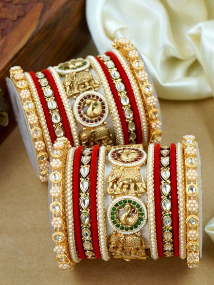 Ishhaara Traditional Indian Kundan Bangle Set - a stunning collection of gold-toned bangles with intricate designs and precious stones