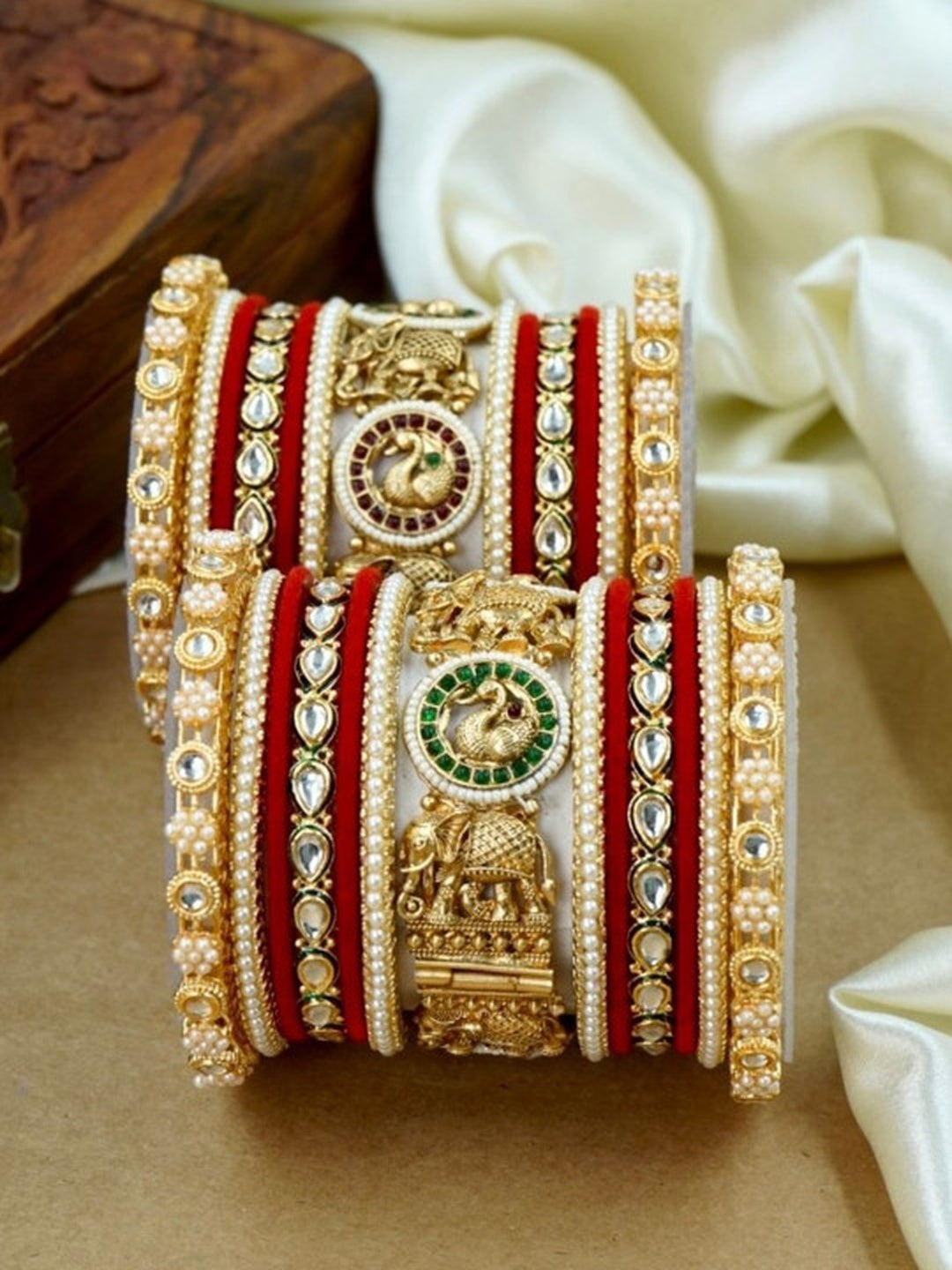 Ishhaara Traditional Indian Kundan Bangle Set - a stunning collection of gold-toned bangles with intricate designs and precious stones - view 3