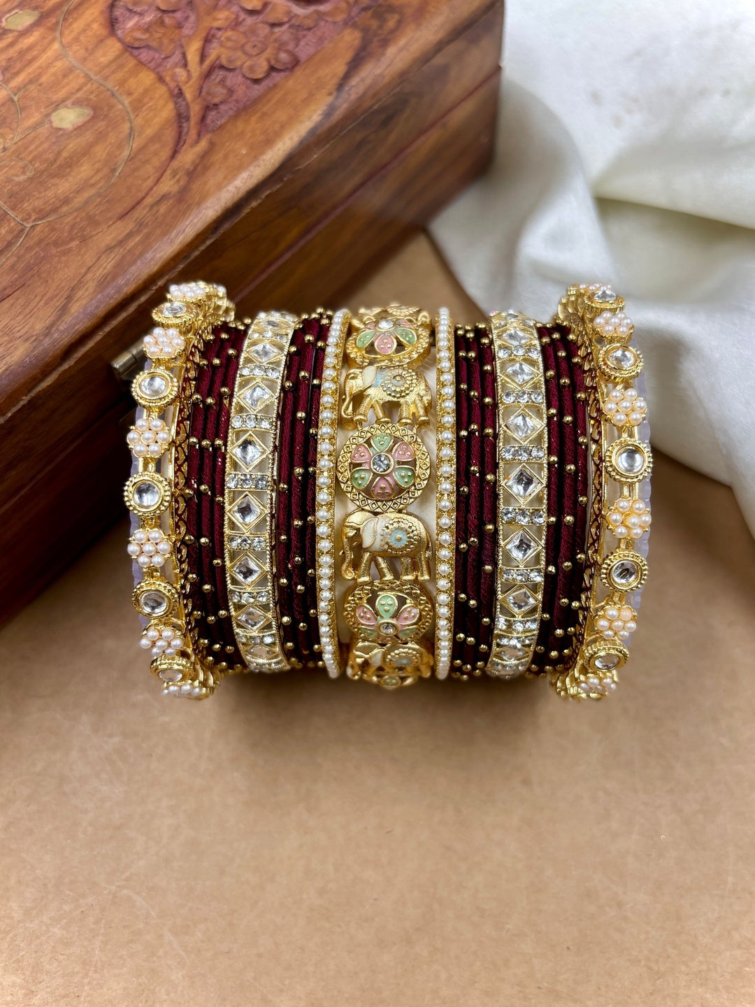 Ishhaara Traditional Indian Kundan Bangle Set - intricate gold and purple bangles with kundan stones - view 10