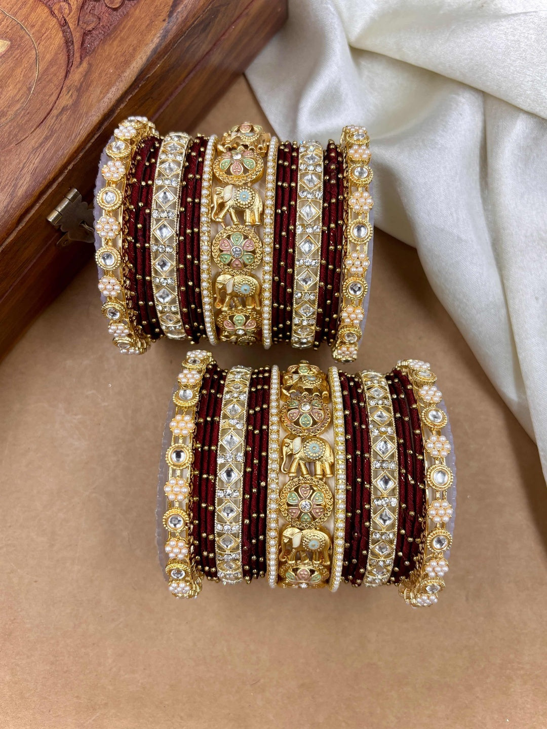 Ishhaara Traditional Indian Kundan Bangle Set - intricate gold and purple bangles with kundan stones - view 12