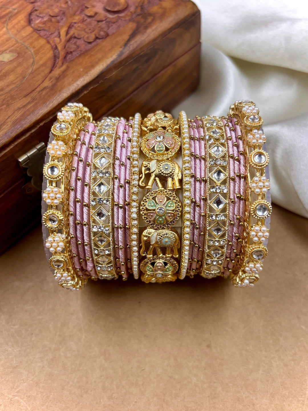 Ishhaara Traditional Indian Kundan Bangle Set - intricate gold and purple bangles with kundan stones - view 13