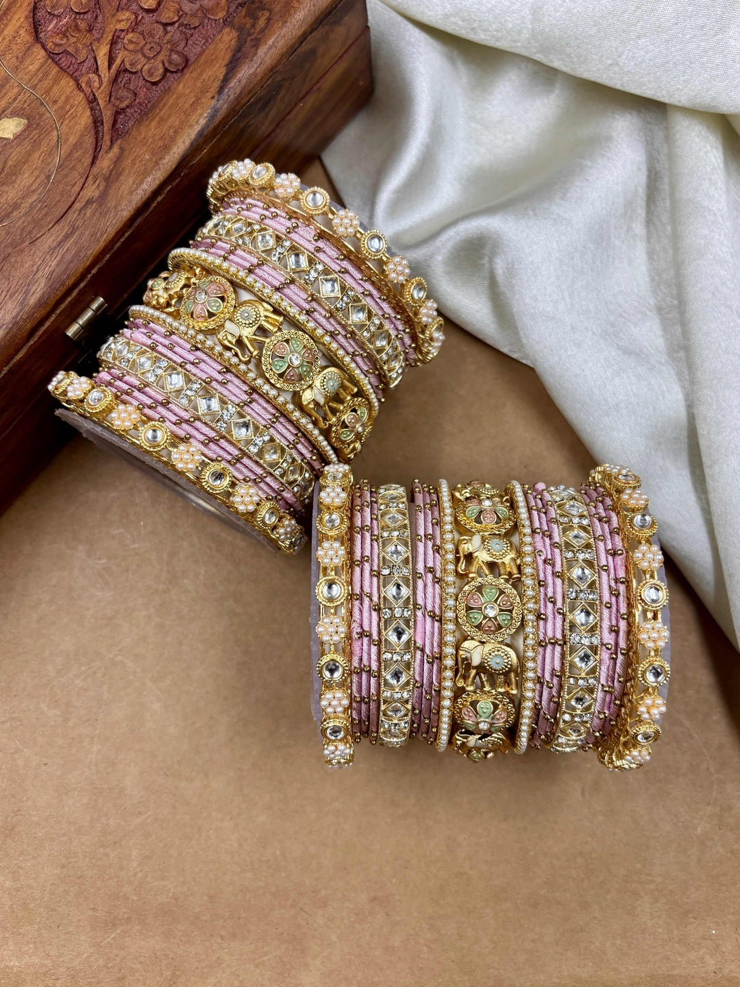 Ishhaara Traditional Indian Kundan Bangle Set - intricate gold and purple bangles with kundan stones - view 14
