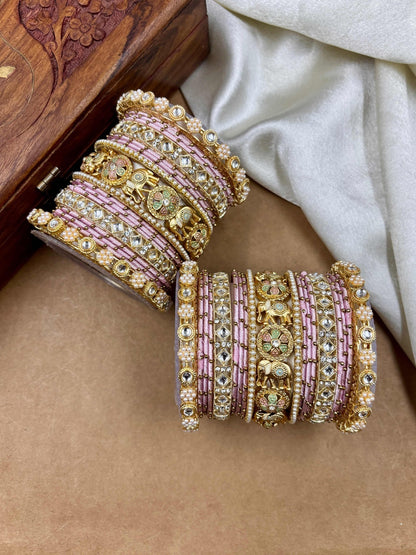 Ishhaara Traditional Indian Kundan Bangle Set - intricate gold and purple bangles with kundan stones - view 14