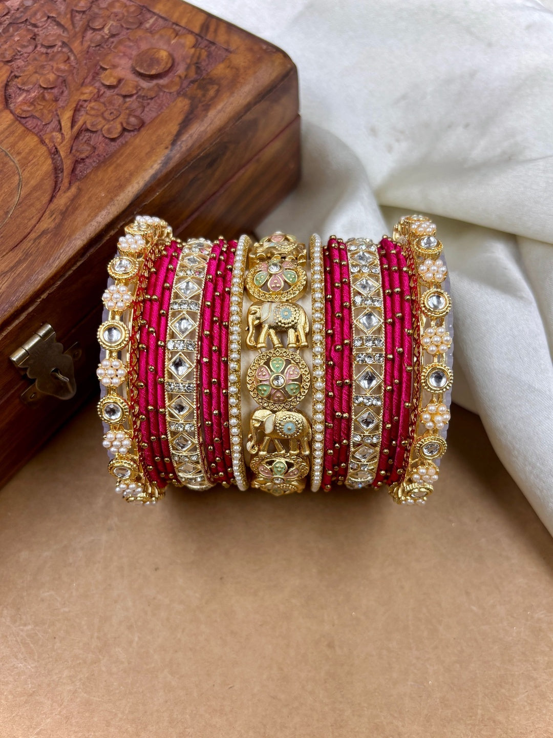 Ishhaara Traditional Indian Kundan Bangle Set - intricate gold and purple bangles with kundan stones - view 16