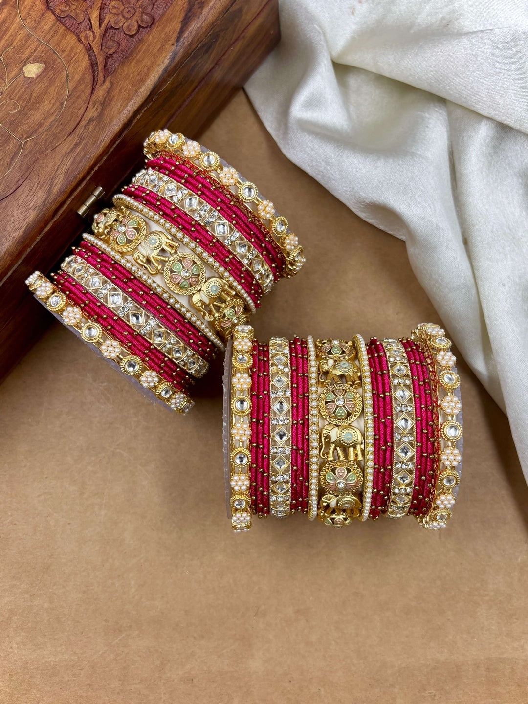 Ishhaara Traditional Indian Kundan Bangle Set - intricate gold and purple bangles with kundan stones - view 17