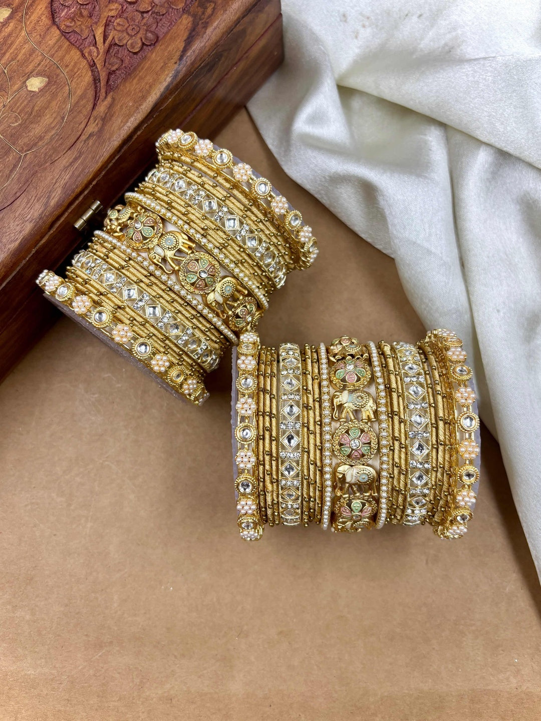 Ishhaara Traditional Indian Kundan Bangle Set - intricate gold and purple bangles with kundan stones - view 5