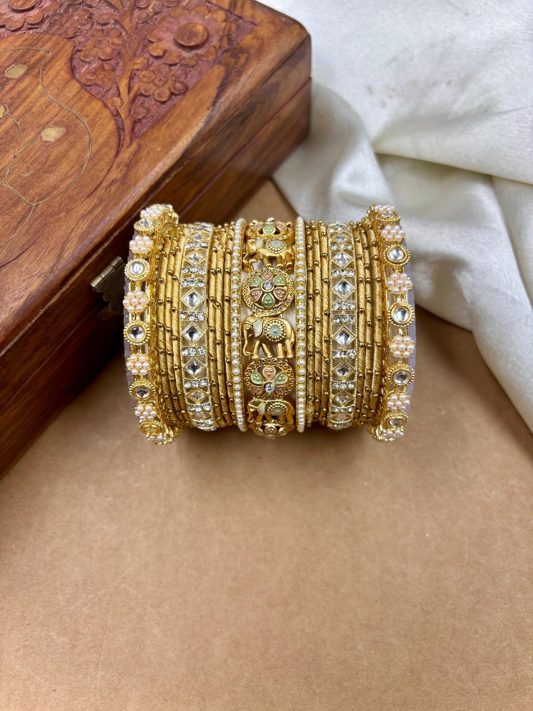Ishhaara Traditional Indian Kundan Bangle Set - intricate gold and purple bangles with kundan stones - view 6