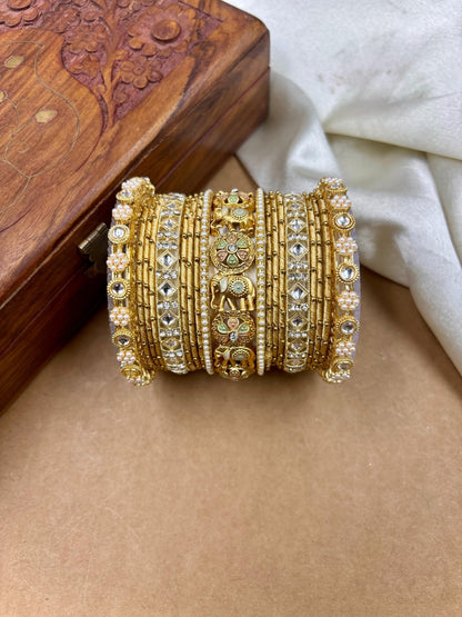 Ishhaara Traditional Indian Kundan Bangle Set - intricate gold and purple bangles with kundan stones - view 6