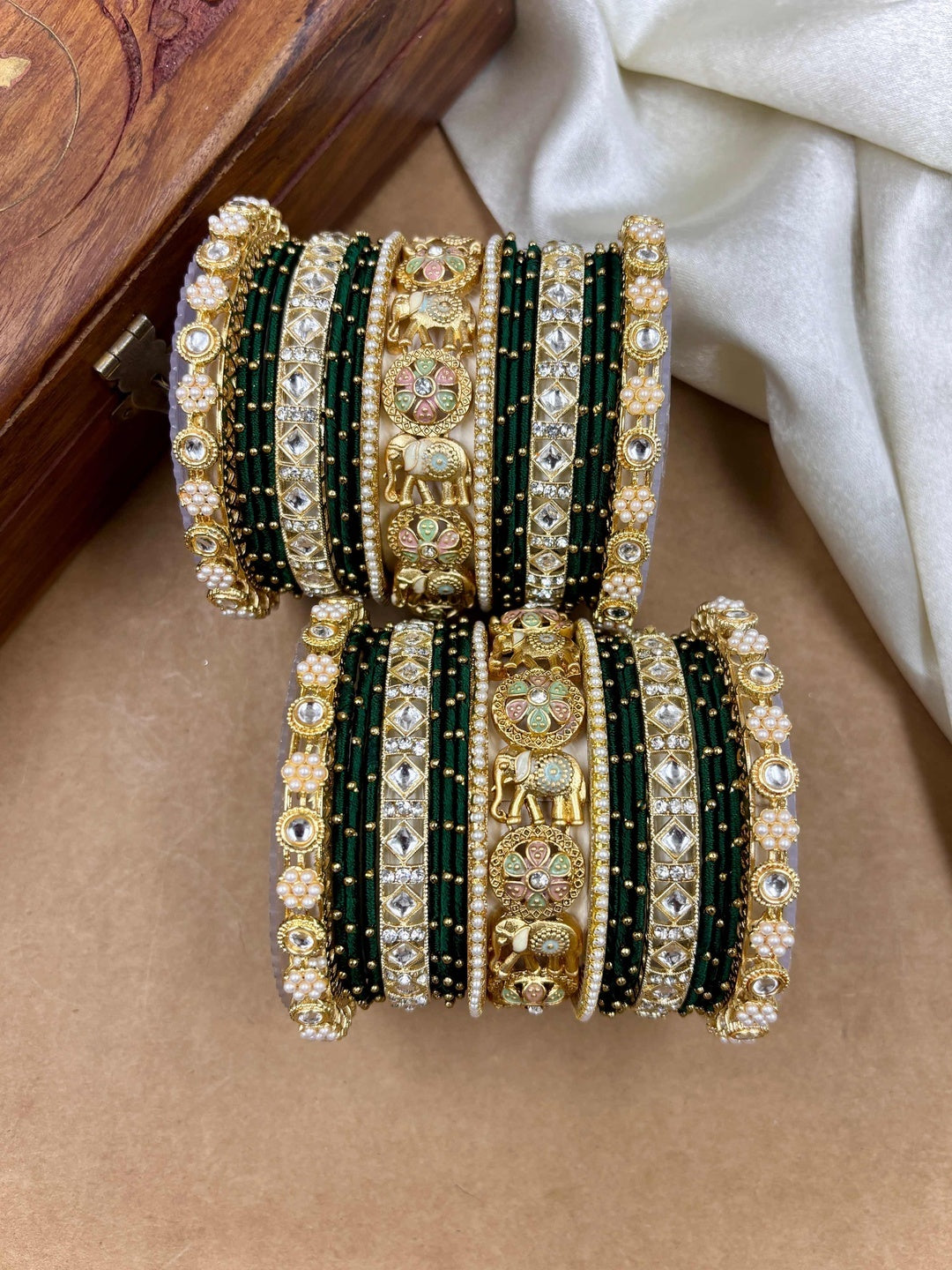 Ishhaara Traditional Indian Kundan Bangle Set - intricate gold and purple bangles with kundan stones - view 7
