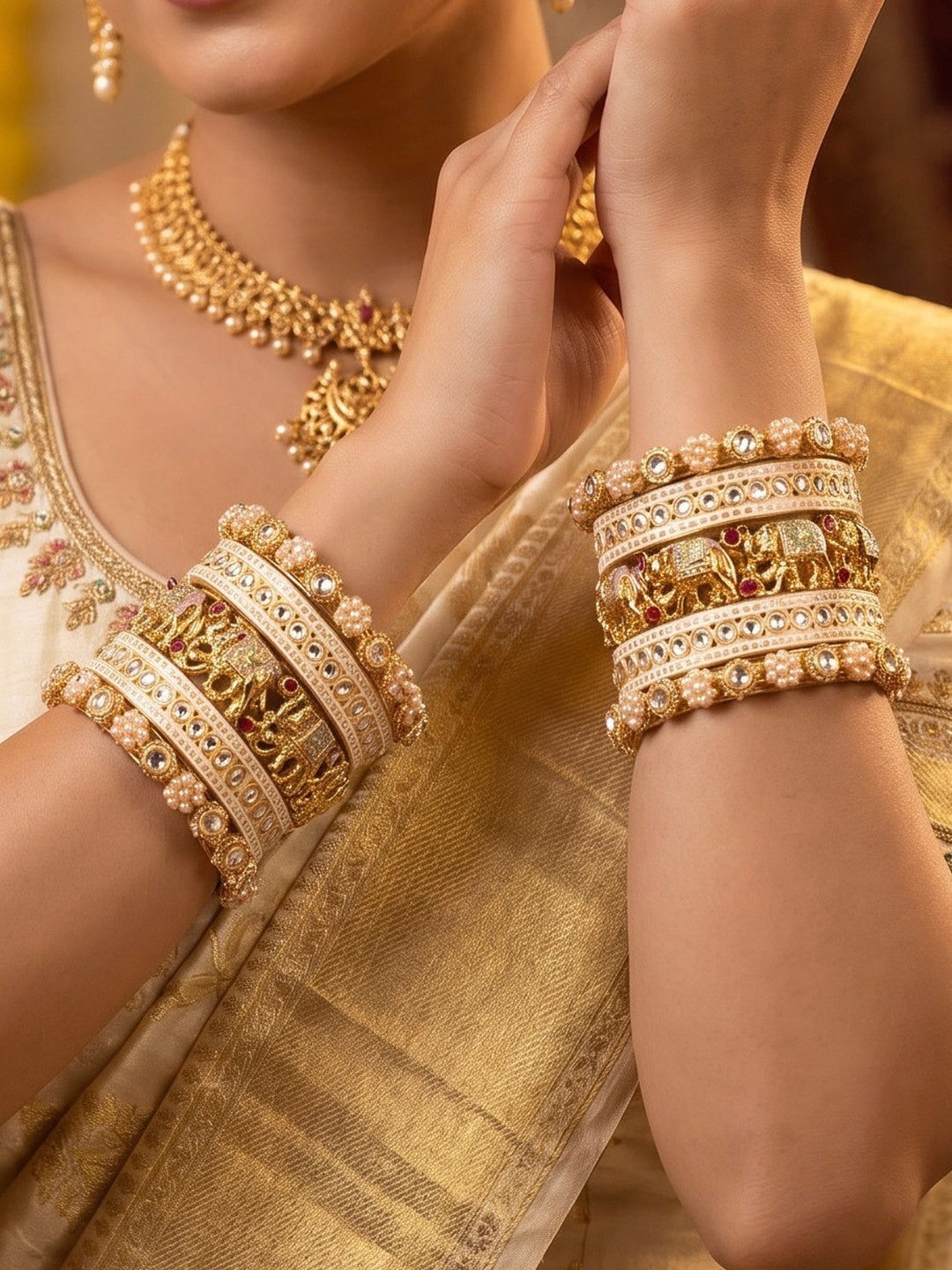 Ishhaara Traditional Indian Kundan Bangles Set CM-HB88 - beautifully crafted bangles with intricate designs and Kundan work - view 5