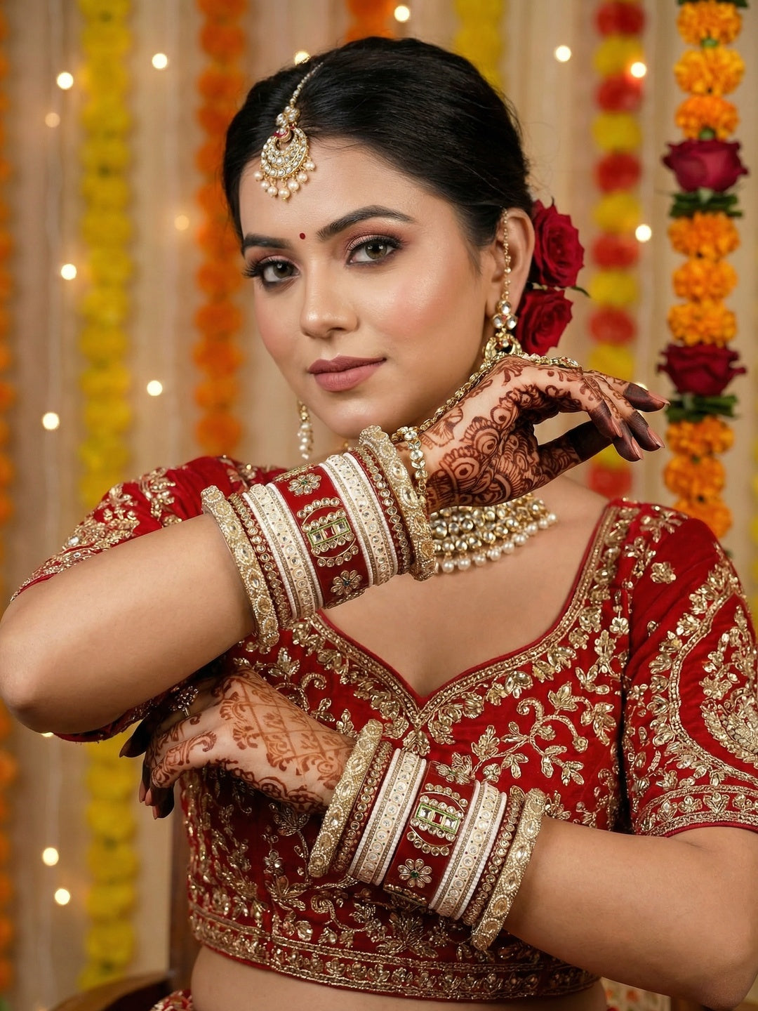 Ishhaara Traditional Indian Red Gold Blouse - a woman wearing a red and gold embroidered blouse