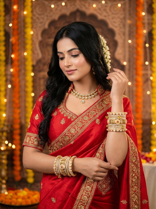 Ishhaara Traditional Indian Red Saree with gold embroidery and jewelry