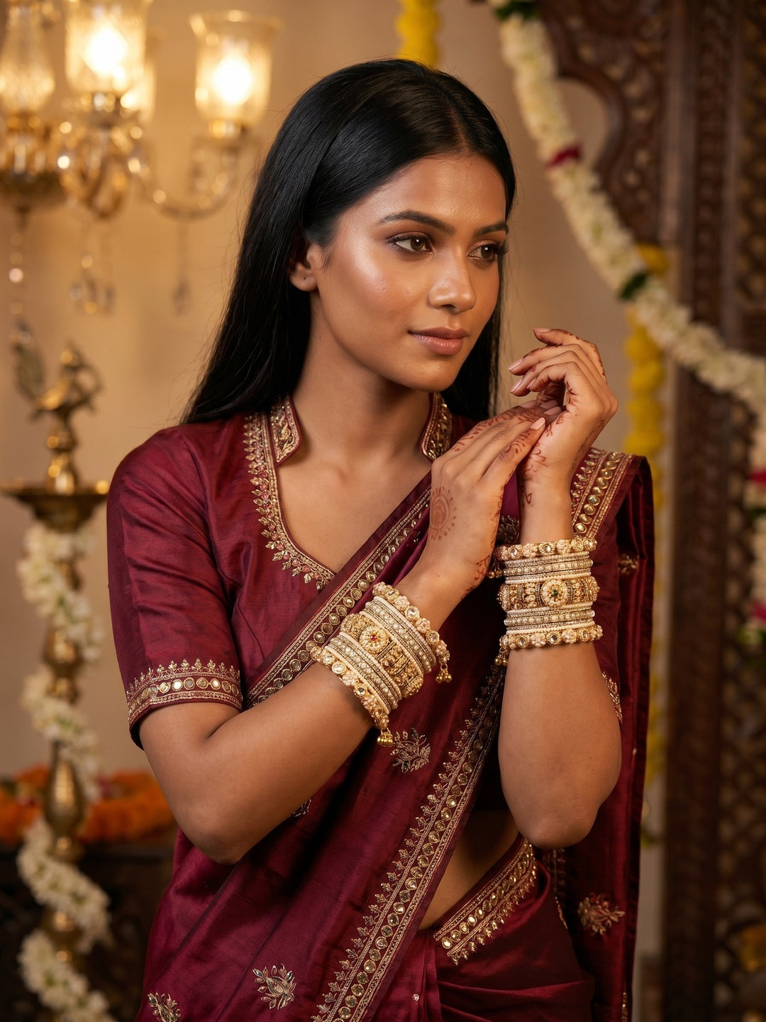 Ishhaara Traditional Indian Red Saree with gold embroidery and jewelry - view 5