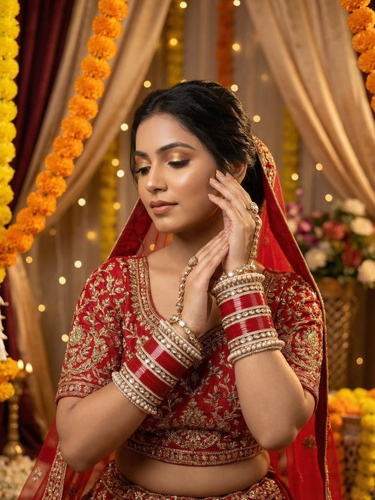 Ishhaara Traditional Indian Red Wedding Lehenga Choli - woman wearing red lehenga choli with gold embroidery
