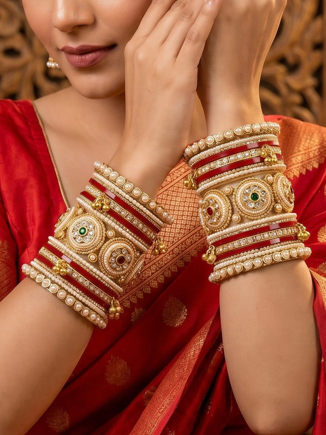 Ishhaara Traditional Kundan Bangle Bracelet Set - Close-up of a woman's hands adorned with red and gold bangles
