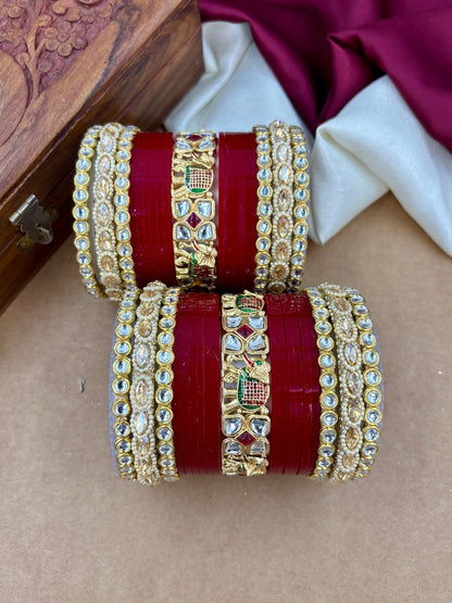 Ishhaara Traditional Kundan Bangles Set - a stunning stack of red and gold bangles with intricate designs and stones - view 2