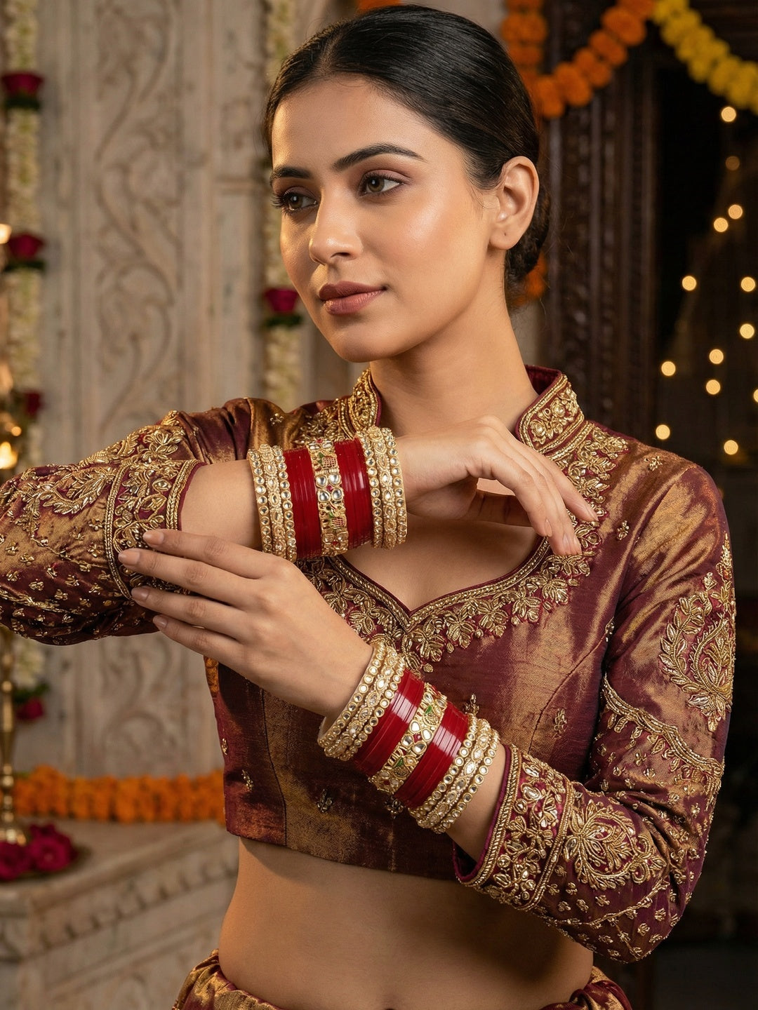 Ishhaara Traditional Kundan Bangles Set - a stunning stack of red and gold bangles with intricate designs and stones - view 3