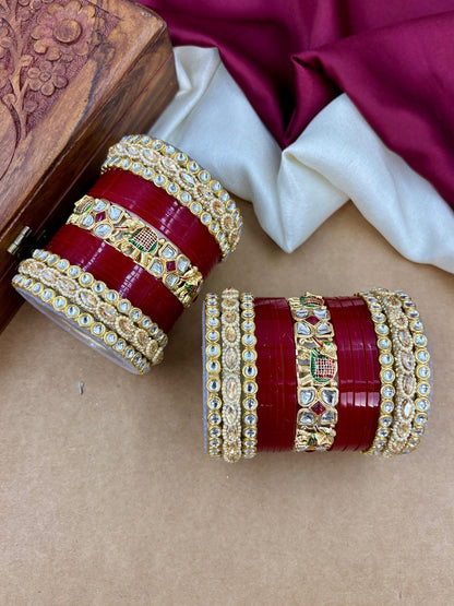 Ishhaara Traditional Kundan Bangles Set - a stunning stack of red and gold bangles with intricate designs and stones - view 4
