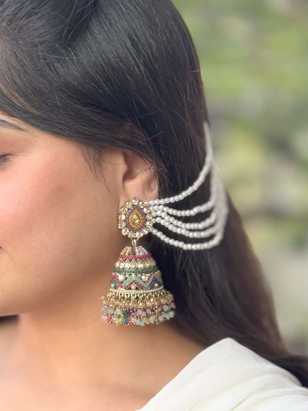 Ishhaara Traditional Multicolored Jhumkas With Sahara Earchain