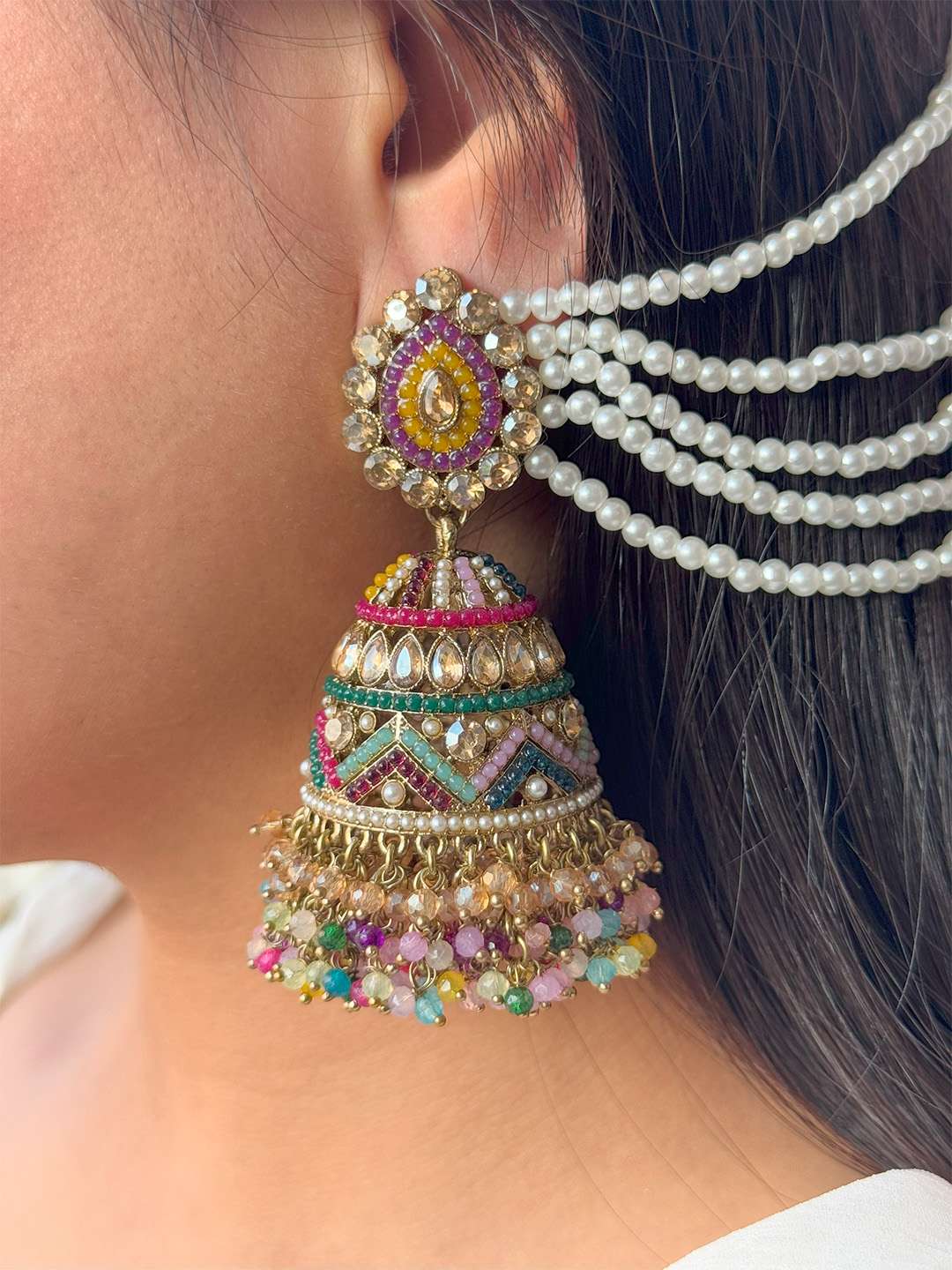 Ishhaara Traditional Multicolored Jhumkas With Sahara Earchain