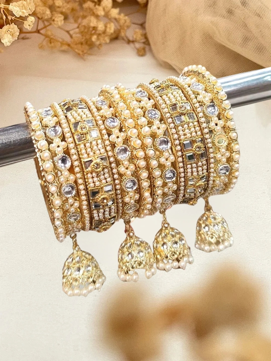 Ishhaara Traditional Pearl And Kundan Studded Bridal Chooda With Jhumka Bangles