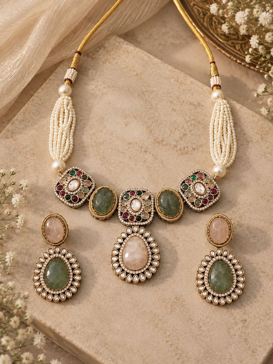 Ishhaara Traditional Pearl Beaded Precious Stone Necklace