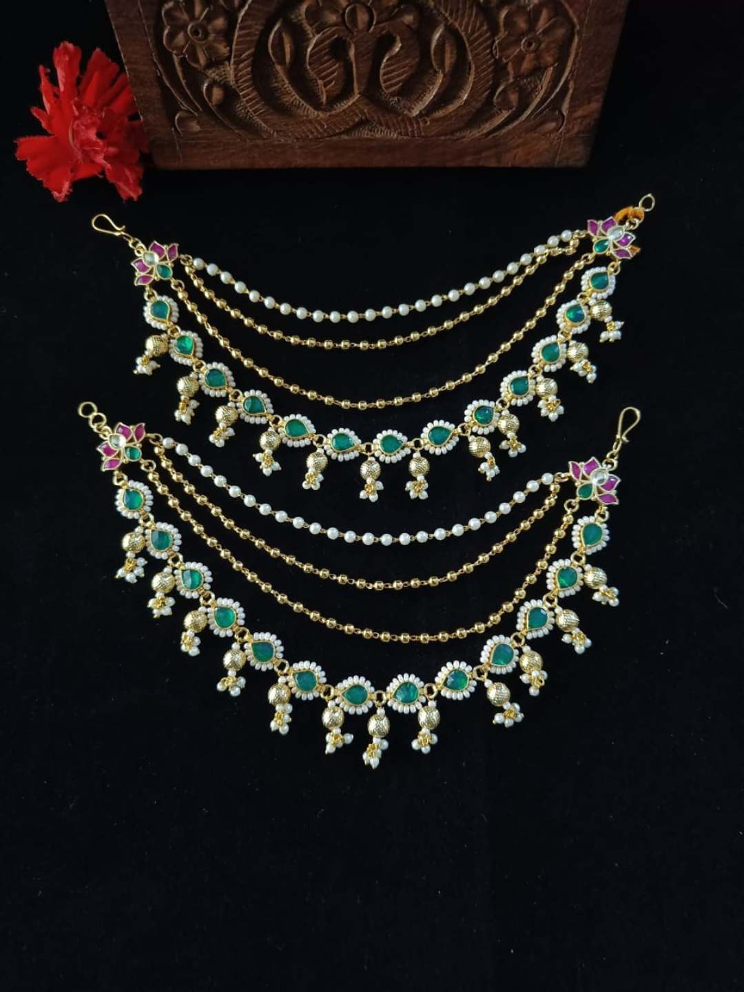 Ishhaara Traditional Pearl Ear Chain With Emerald Accents
